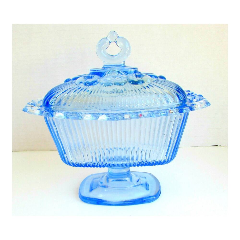 Ice Blue Glass Open Lace Edge Candy Dish Compote with Lid by Indiana Glass - Picture 3 of 5